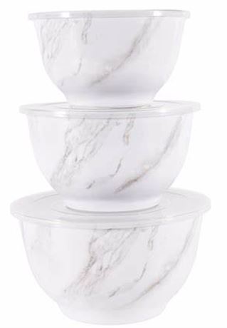 BHG 6-Piece Melamine Serving Bowl Set with Lids, White Marble Print