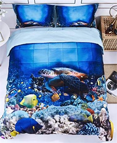 HIG 3D Bedding Set 2 Piece Twin Size Turtle in Sea Print Comforter Set