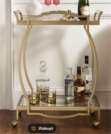 Weston Home Raven Gold Finish Clear Tempered Glass Metal Bar Cart