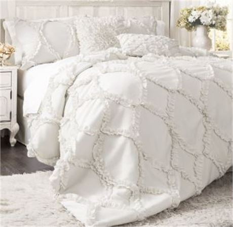 "Lush Decor Avon Shabby Chic Textured Ruffle Detail Comforter, Queen, White, 3-P