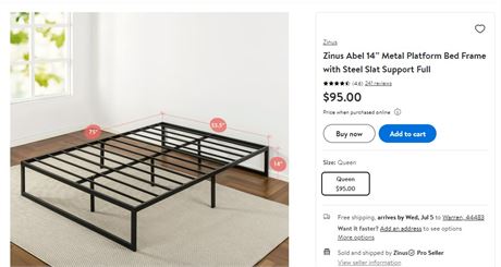 Zinus Abel 14” Metal Platform Bed Frame with Steel Slat Support Full