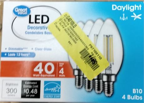 Great Value LED Light Bulb, 4 Watts (40W Equivalent) B10 Deco Lamp E12 Candelabr