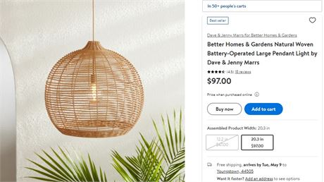 Better Homes & Gardens Natural Woven Battery-Operated Large Pendant Light by Dav