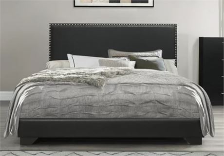 Willow Nailhead Trim Upholstered King Bed, Black Faux Leather