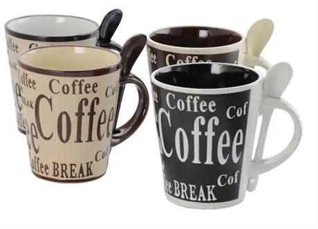 Dolce Cafe 10 oz. Assorted Designs Ceramic Cup and Spoon Set (8-Piece)