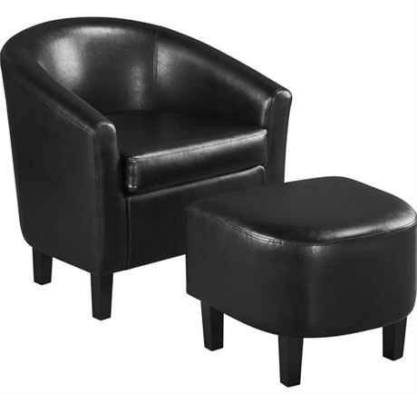 Easyfashion Contemporary Faux Leather Club Chair and Ottoman Set, Black