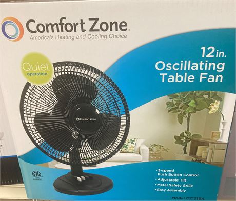 Comfort Zone 12 inch Oscillating Table Fan