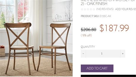 (2) Two-Pack of Oak Finish Metal Dining Chairs, TOTAL of 4 Chairs