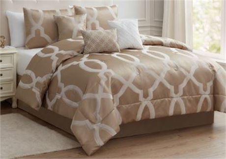 Mainstays Arteris Taupe/White 7 piece comforter set, FULL/QUEEN