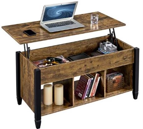 Aldin Design 41 inch lift Top coffee table with 3 storage compartments, Rustic B