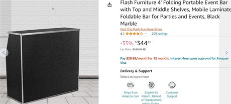 Flash Furniture Amara 4ft Black Marble Laminate Foldable Bar - Portable Event Ba