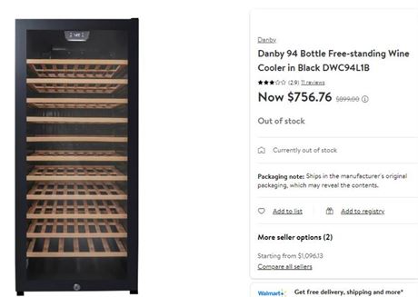Danby 94 Bottle Free-standing Wine Cooler in Black DWC94L1B. 22.19 x 21.63 x 49.