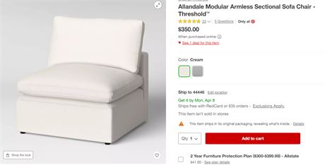Allandale Modular Armless Sectional Sofa Chair, White
