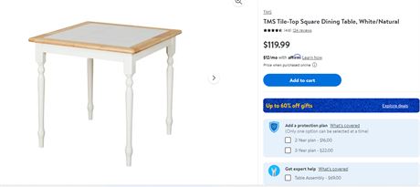 TMS Tile-Top Square Dining Table, White/Natural 30"L x 30"W x 29"H