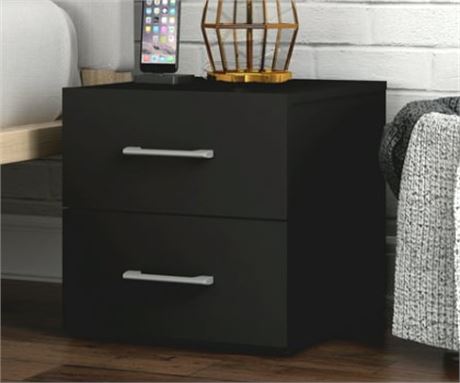Hillsdale Modern 2 drawer Nightstand with USB, Black w/ silver Frey Handle