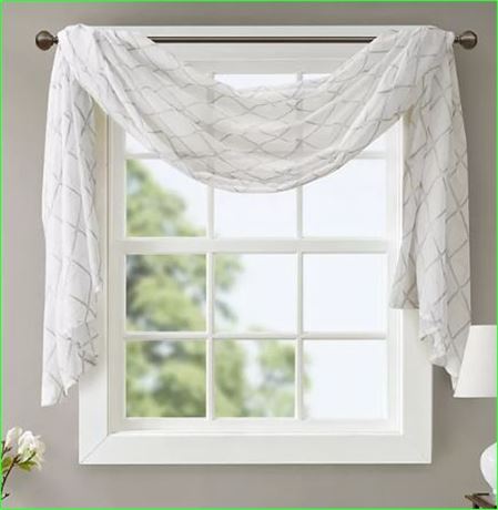 (3) Home Essence Clarissa Sheer Window Scarf, 50x144, White/Grey