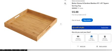 Better Homes & Gardens Bamboo 16" x 16" Square Serving Tray