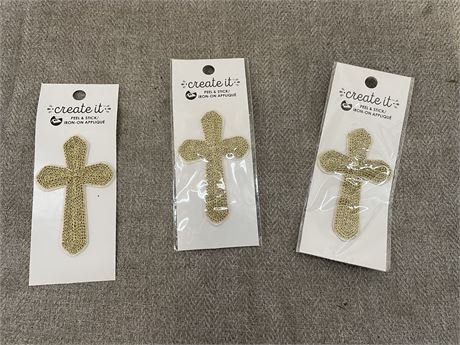 (3) Fabric Editions Gold Small Cross Iron-On Appliques