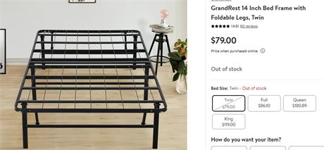 GrandRest 14 Inch Bed Frame with Foldable Legs, Twin