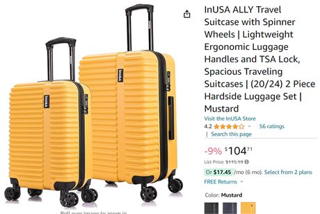 InUSA Ally 2-Piece Hardside Lightweight Luggage Sets with Spinner Wheels Handle