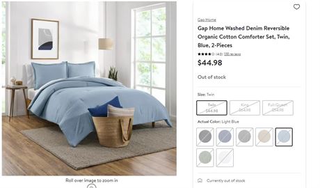 Gap Home Denim Reversible Cotton 2 pc Comforter Set, Twin, Blue