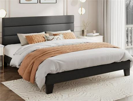 Amolife King Size Fabric upholstered Platform bed w/hb/fb, Dark Gray