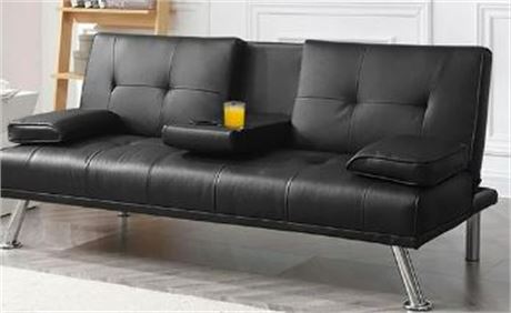 LuxuryGoods Modern Faux Leather Futon with Cupholders and Pillows, Black