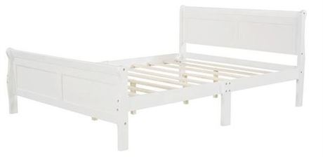 GODEER White Full Platform Bed Frame with Headboard Wood Slat Support, FULL