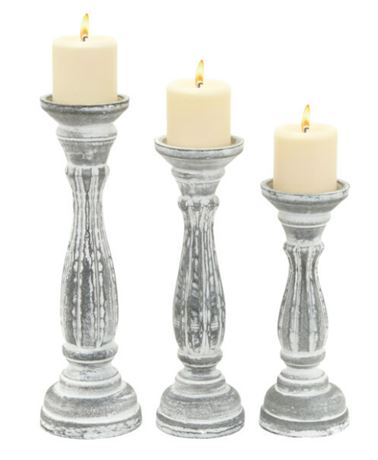Distressed White/Gray Pine Wood Pillars, Set Of 3 Candle Holders 98761