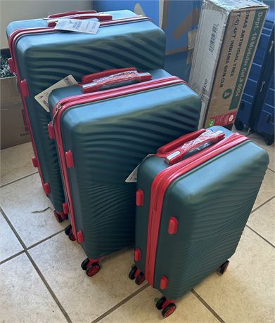Hikolayne 3 pc Hardside spinner suitcase, green/red