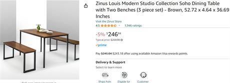 Zinus Louis 48� Brown Metal Frame Dining Table with Benches, 3 Piece Dining Set
