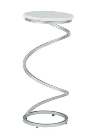 Nevin Modern Round Spiral Base Drink Table, Silver with White Marble Top