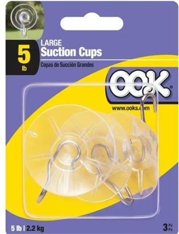 OOK   Large Suction Cup Hook 3 Pack, Plastic, Clear