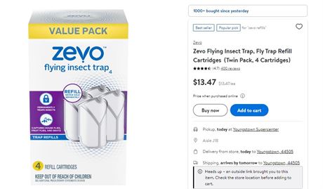 Zevo Flying Insect trap Refill, 4 cartridges
