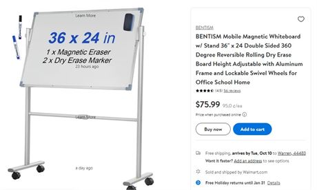 BENTISM Mobile Magnetic Whiteboard Dry Erase Board w/ Stand 36 x 24 Double Sided
