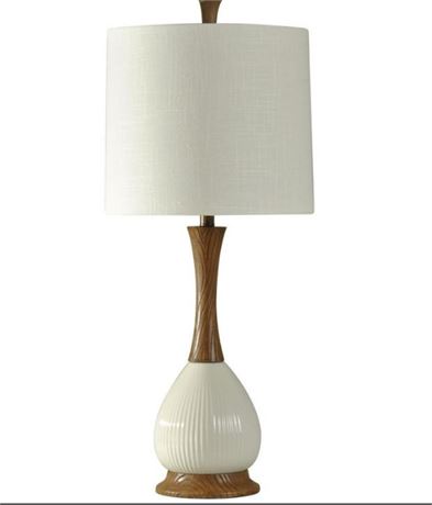 Stylecraft 22 in. Wood and Glossy White Table Lamp with White Fabric Shade