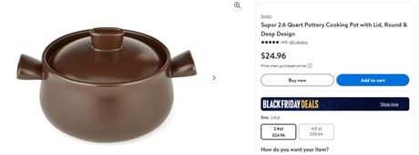 Supor 2.6 Quart Pottery Cooking Pot with Lid, Round & Deep Design