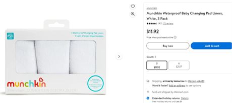 Munchkin Waterproof Baby Changing Pad Liners, White, 3 Pack
