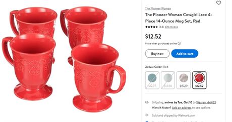 The Pioneer Woman Cowgirl Lace 4-Piece 14-Ounce Mug Set, Red