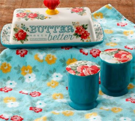 the Pioneer Woman Vintage Floral Butter Dish with salt and pepper set