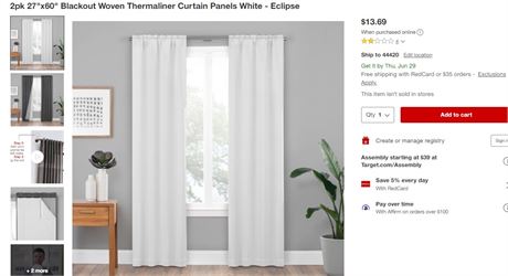 Lot of (2) Eclipse Blackout Curtain Panel Pairs, White, 27"x60"
