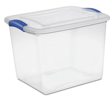 (2) Sterilite 27 Qt. Clear Plastic Latching Box, Blue Latches with Clear Lid