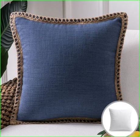 Phantoscope Linen Trimmed Farmhouse Decorative Throw Pillow, 20 x 20, Blue,