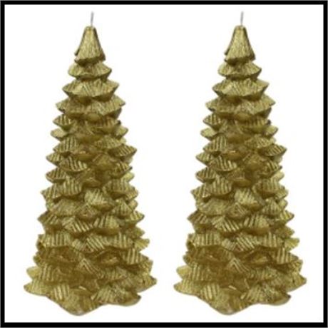 2-Pack Holiday Time Figural Christmas Tree Candle, Metallic Gold, Unscented 8.37
