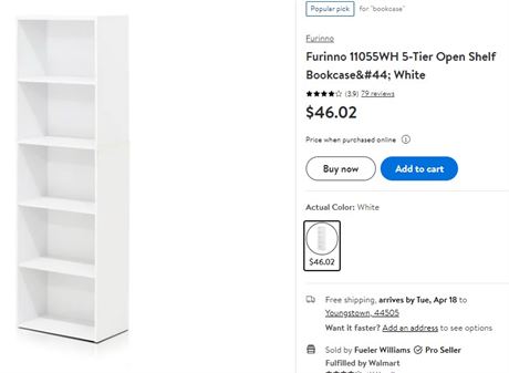 Furinno 11055WH 5-Tier Open Shelf Bookcase; White