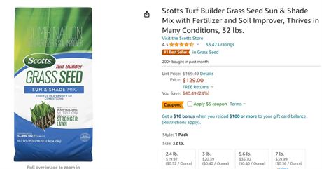 Scotts Turf Builder Grass Seed Sun & Shade Mix, 32 lb
