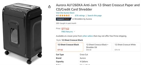 Aurora AU1260XA Anti-Jam 12-Sheet Crosscut Paper and CD/Credit Card Shredder