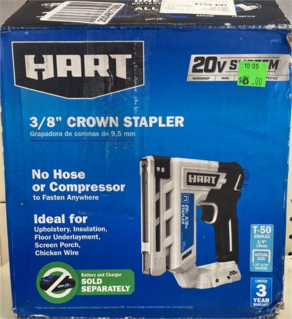 Hart 3/8" Crown Stapler, BARE TOOL ONLY, NO BATTERY