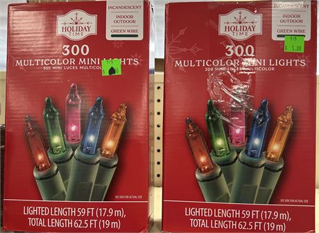 Lot of (TWO) Holiday Time 300 multi-color Mini lights green wire