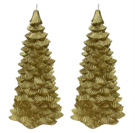 2-Pack Holiday Time Figural Christmas Tree Candle, Metallic Gold, Unscented